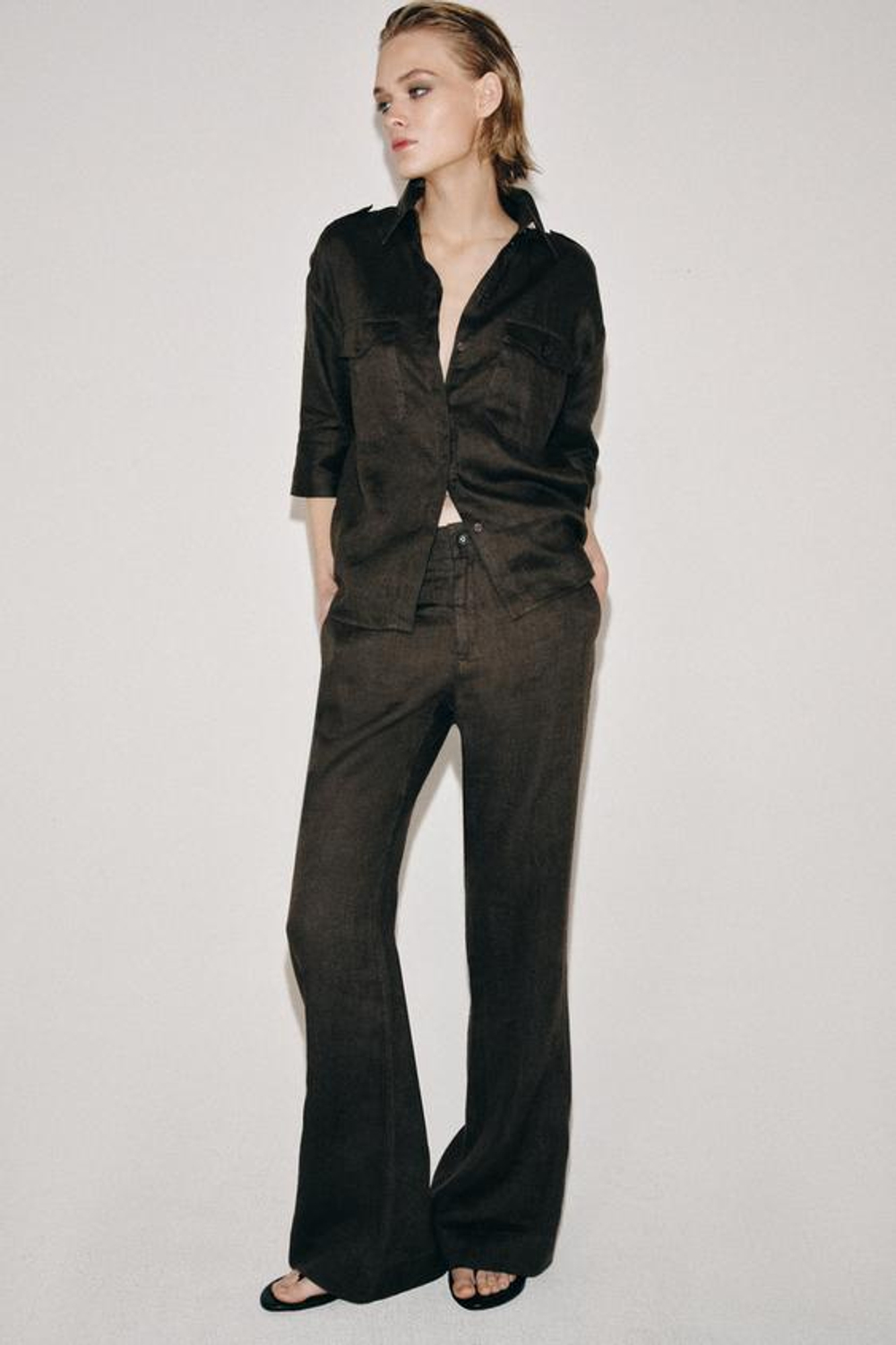 ZARA РАСКЛЕШЕННЫЕ БРЮКИ ИЗ ЛЬНА — ZW COLLECTION, СЕРО-КОРИЧНЕВЫЙ