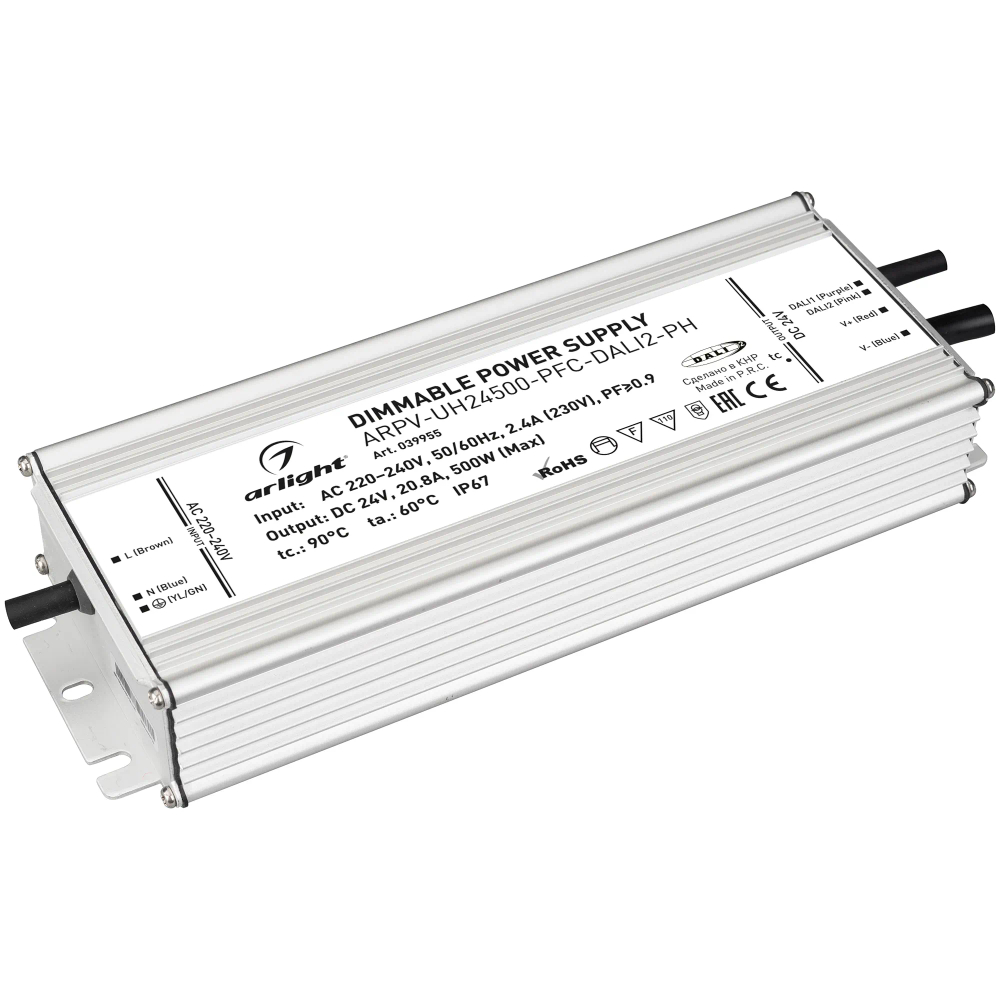 Блок питания ARPV-UH24500-PFC-DALI2-PH (24V, 20.8A, 500W) (Arlight, IP67 Металл, 7 лет) 039955