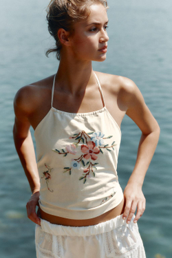 ZARA ТОП ХАЛТЕР С ВЫШИВКОЙ В ВИДЕ ЦВЕТОВ, ЭКРЮ
