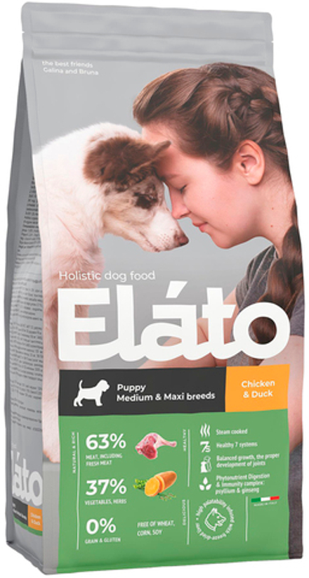 Elato 2кг Holistic Сухой корм для щенков средних и крупных пород, с курицей и уткой