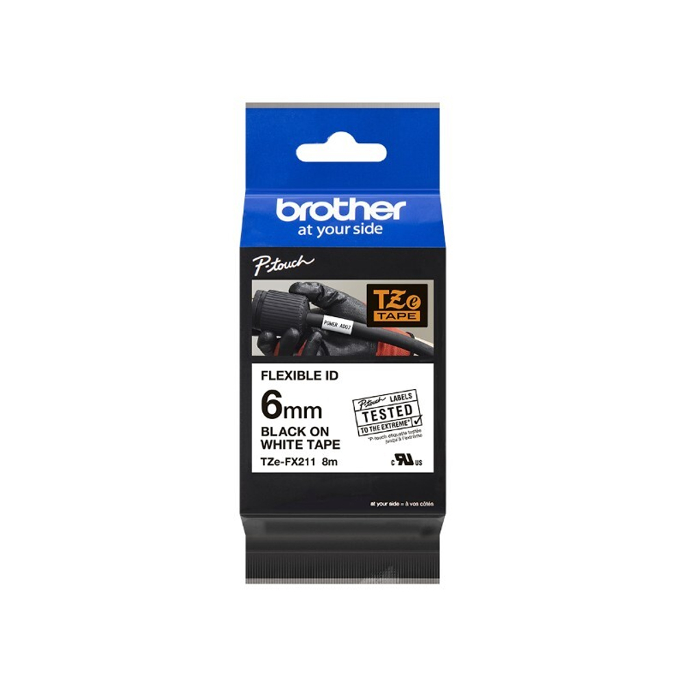Brother TZE-FX211 кассета с лентой для печати наклеек (эластичная), чёрный шрифт на белой основе, 6мм*8м