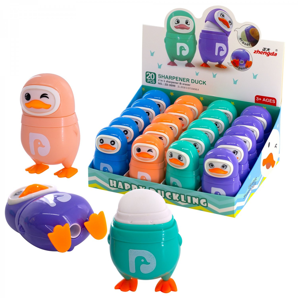 Точилка пластиковая с ластиком Alingar "Веселые утки", 1 отверстие, контейнер, ассорти, картонная упаковка