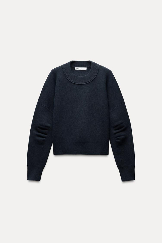 ZARA ТРИКОТАЖНЫЙ СВИТЕР СО СКЛАДКАМИ НА РУКАВАХ, МОРСКОЙ СИНИЙ