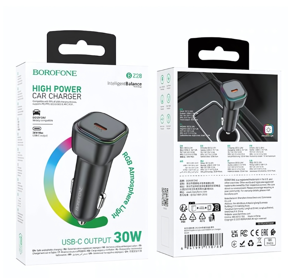 Автомобильное зарядное устройство Borofone BZ28A PD30W+QC3.0 3A Type-C+USB Black