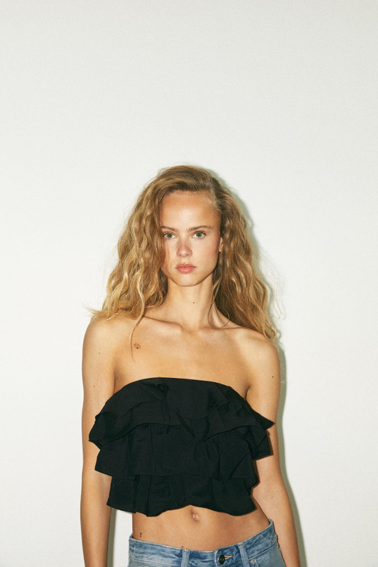 ZARA ТОП БАНДО С ВОЛАНАМИ, ЧЕРНЫЙ