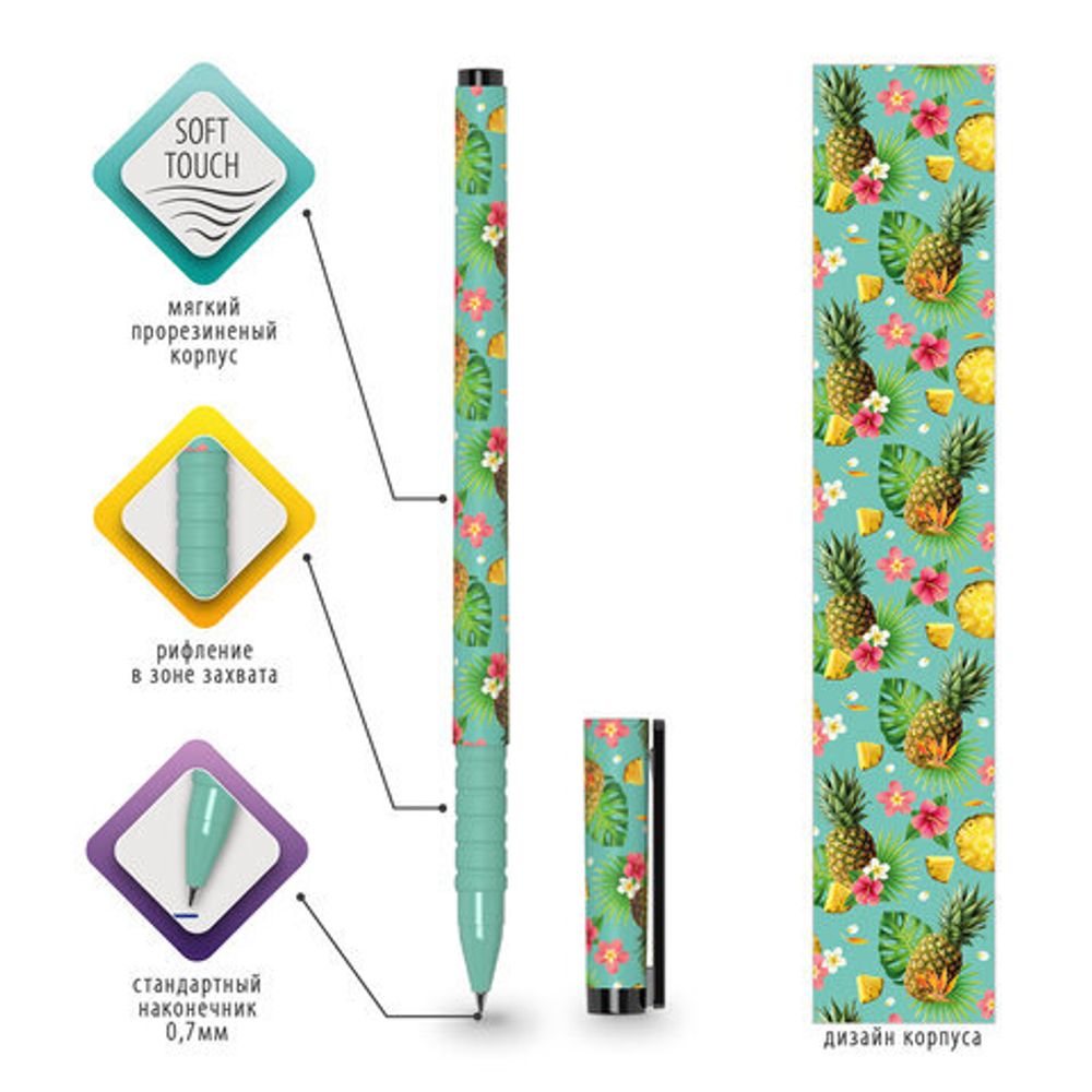 Ручка шариковая BRAUBERG SOFT TOUCH GRIP "PINEAPPLE", СИНЯЯ, мягкое покрытие, узел 0,7 мм, 143718