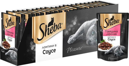 Влажный корм Sheba Pleasure для взрослых кошек, говядина и кролик, ломтики в соусе, 24 шт x 85 г