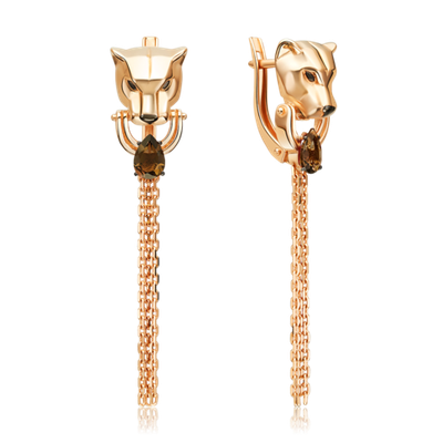 Серьги «Пантеры» с английским замком из красного золота с кварцем дымчатым