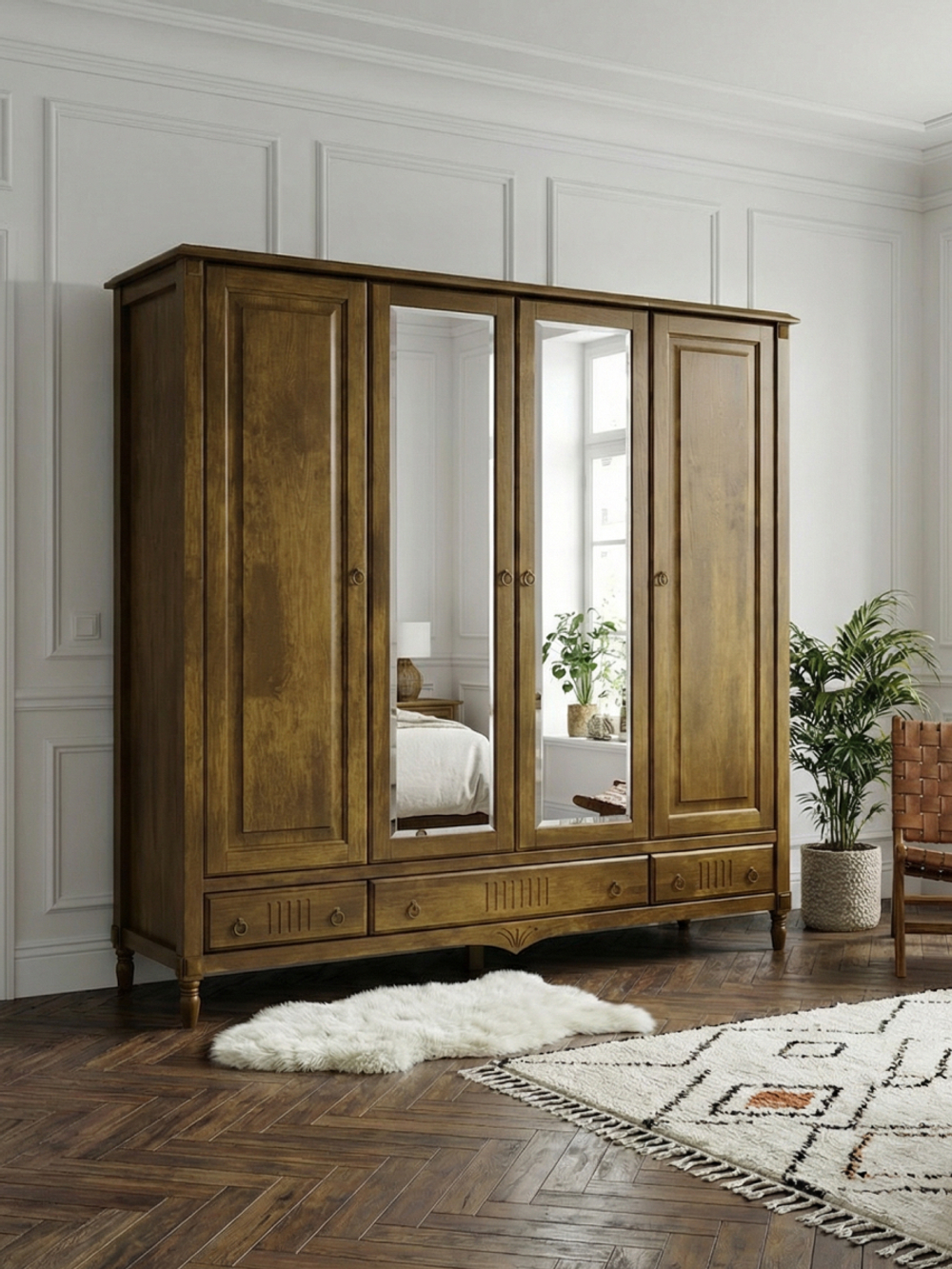 Шкаф 233х68х220, Джоли, распашной, 4 двери, с ящиками для одежды, из массива березы, цвет макиато, Makosa