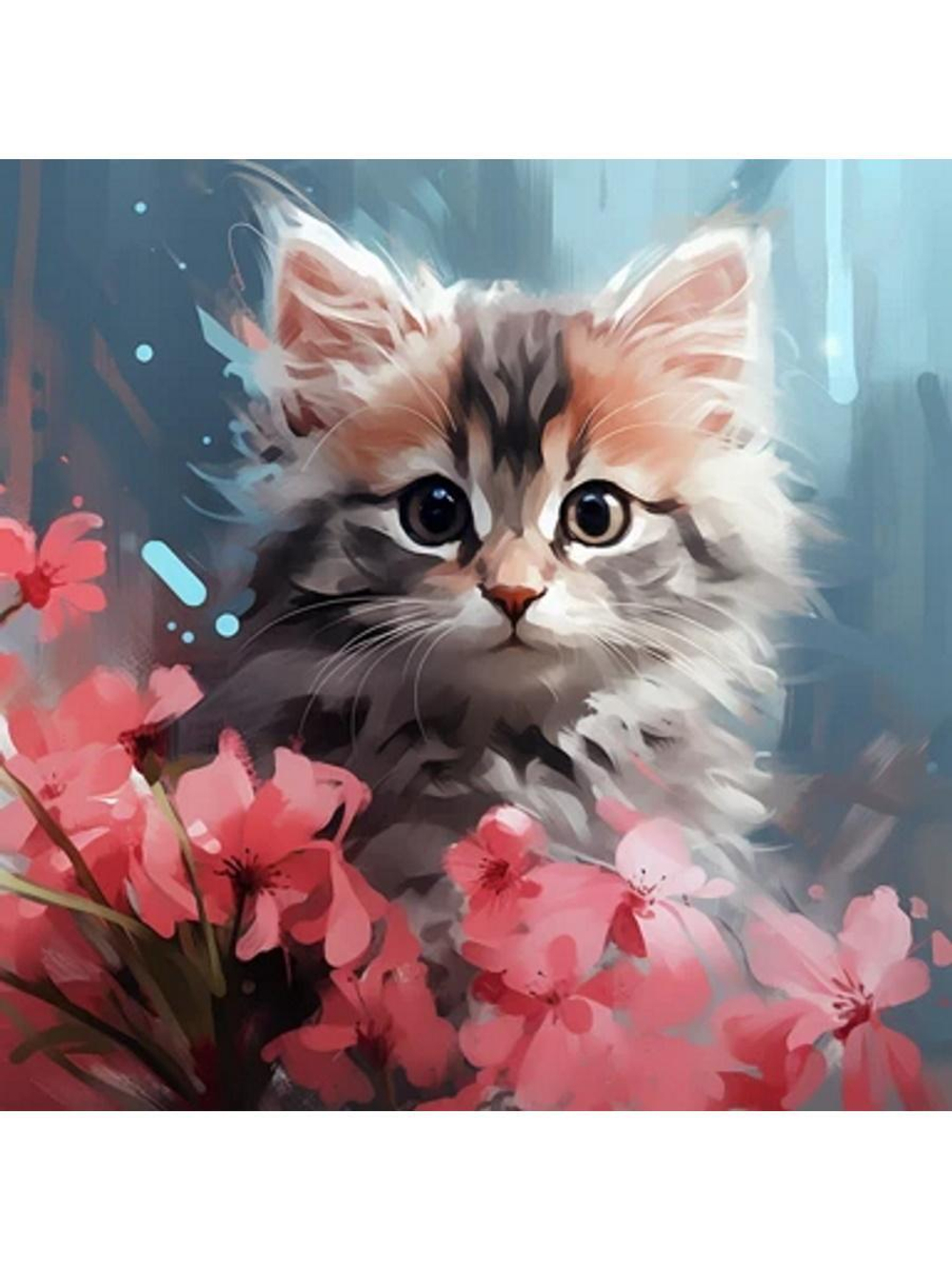 Картина по номерам 30х30см. "Малыши. Котёнок в цветах" 20цв. коробка (арт. Х-6331)