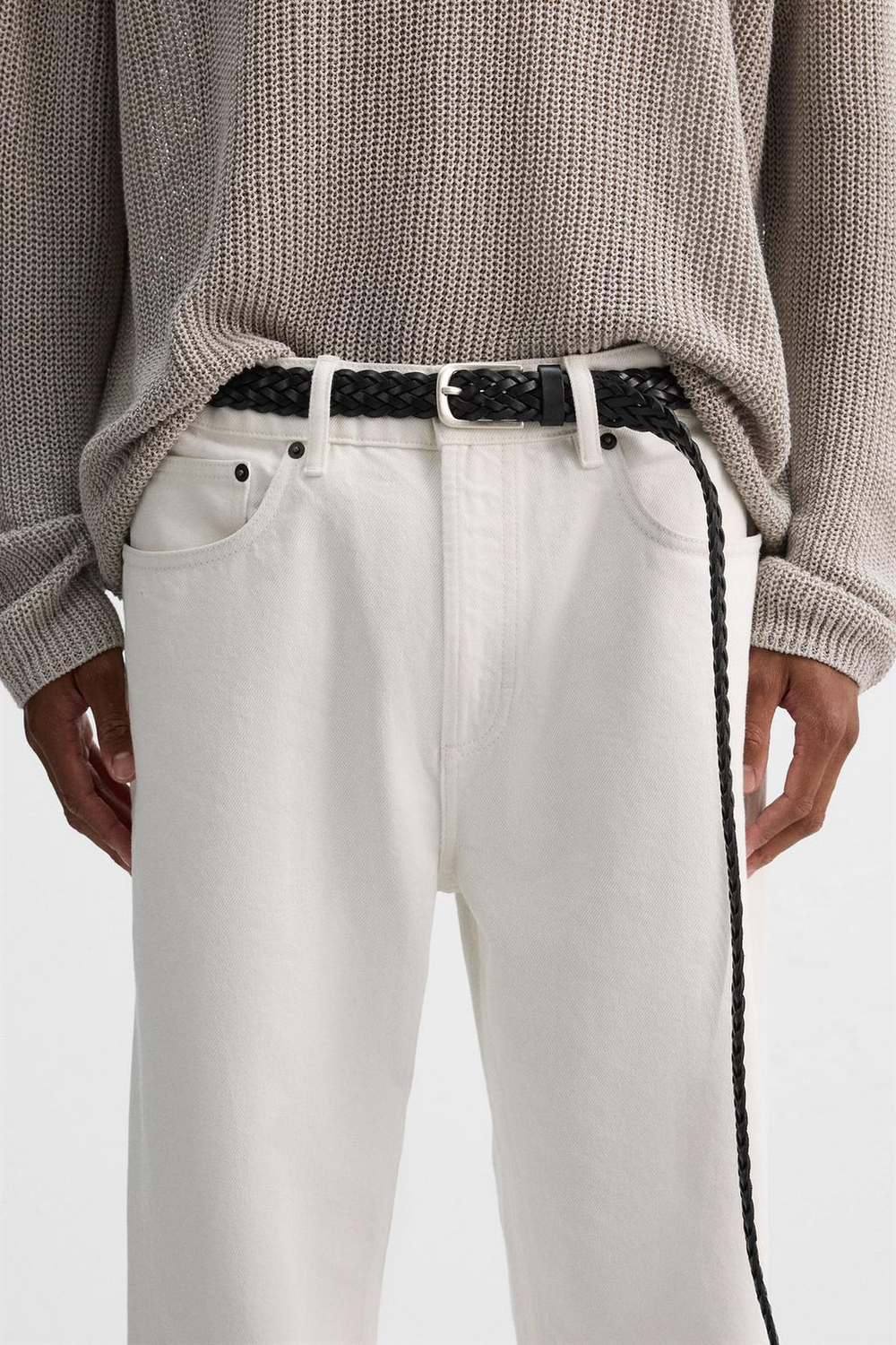 ZARA ДЛИННЫЙ КОЖАНЫЙ ПЛЕТЕНЫЙ РЕМЕНЬ, ЧЕРНЫЙ