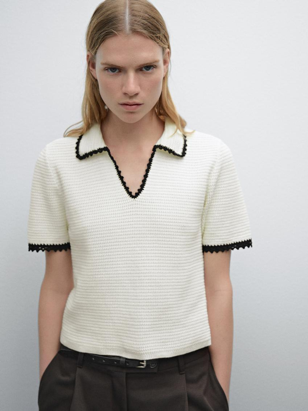 Massimo Dutti Свитер поло из кружева кроше, натуральный, кремовый