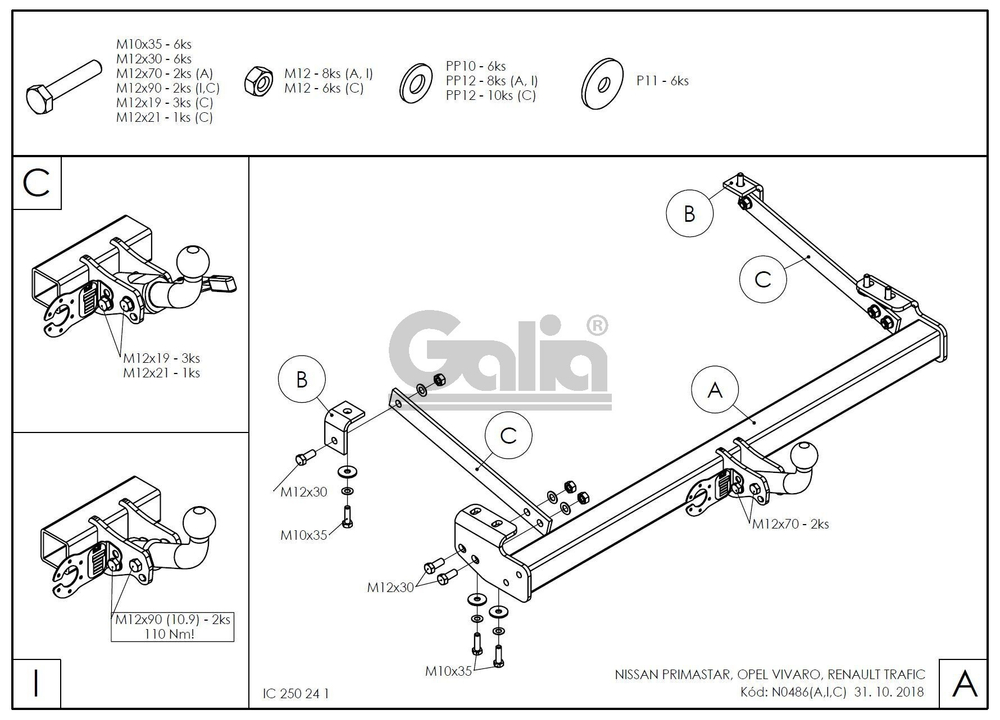 Оцинкованный фаркоп на Nissan Primastar 2002-2014, Opel Vivaro 2002-2014, Renault Trafic 2002-2014 (без электрики), Galia N048C