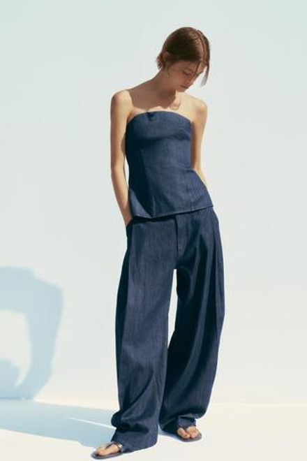ZARA ДЖИНСОВЫЕ БРЮКИ TRF С ЗАЩИПАМИ, ТЕМНЫЙ ИНДИГО