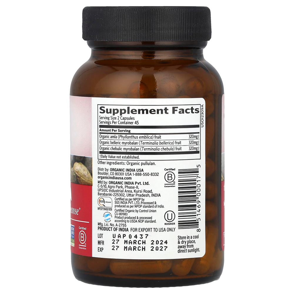 Organic India, трифала, 90 вегетарианских капсул