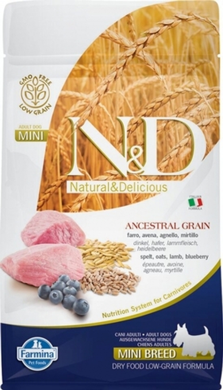 Сухой корм Farmina N&D Mini Breed низкозерновой, для взрослых собак мини пород, ягненок, спельта, овес и черника 800 г