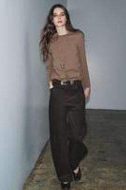 ZARA ФУТБОЛКА INTERLOCK С ДЛИННЫМИ РУКАВАМИ, СЕРО-КОРИЧНЕВЫЙ