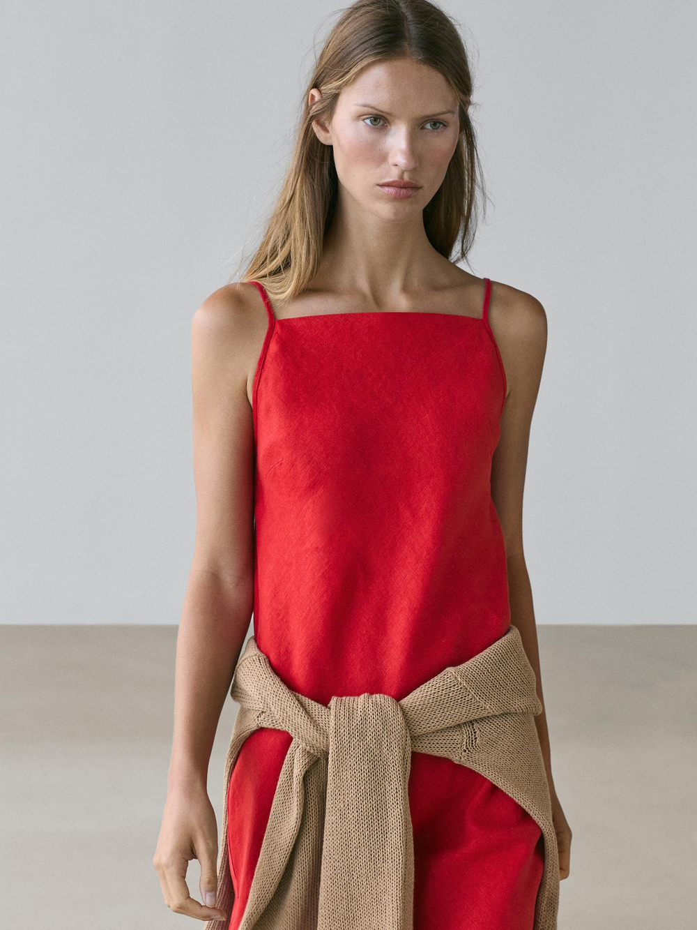 Massimo Dutti Льняное платье миди с квадратным вырезом, красный