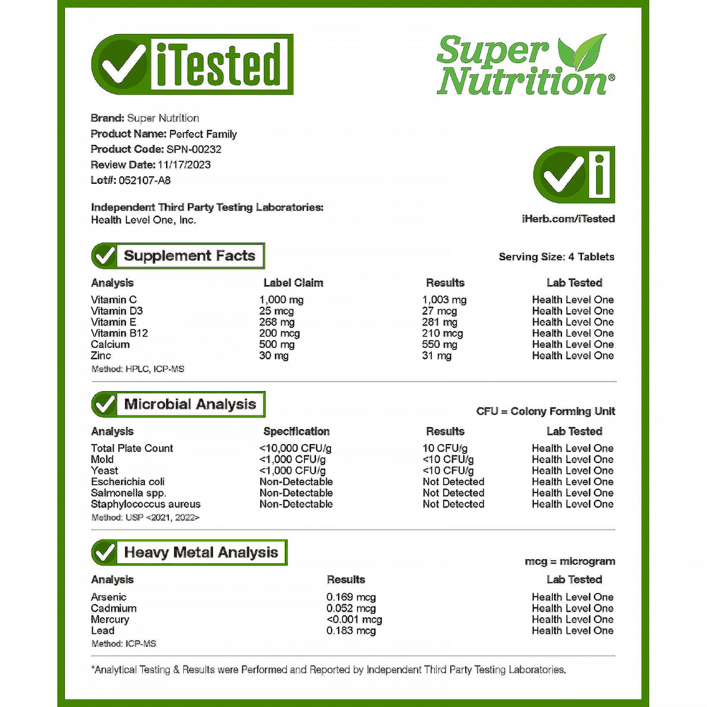 Super Nutrition, Perfect Family, мультивитамины с суперзеленью и травами, без железа, 240 таблеток