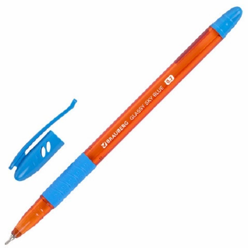 Ручка шариковая Brauberg Glassy sky blue, синяя, 0.7мм, игольчатый масляный стержень, оранж. корпус