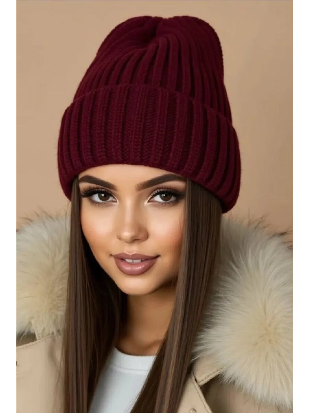 шапка вязаная теплая зимняя с отворотом стильная