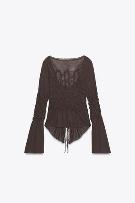 ZARA ТОП С ЗАВЯЗКАМИ И ЭЛАСТИЧНЫМИ СБОРКАМИ, КОРИЧНЕВЫЙ