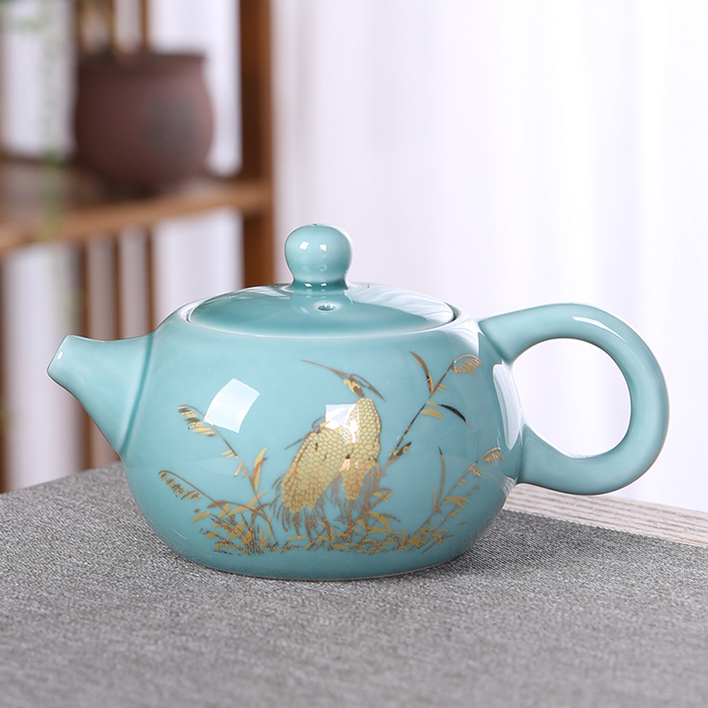 268084 Чайник ЖУРАВЛИ "Цапли", h=8см,d=15см, 200мл, фарфор селадон/белый