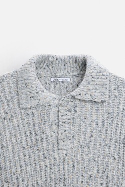 ZARA ПОЛО ИЗ РЕЛЬЕФНОГО ТРИКОТАЖА, СИНЕВАТЫЙ