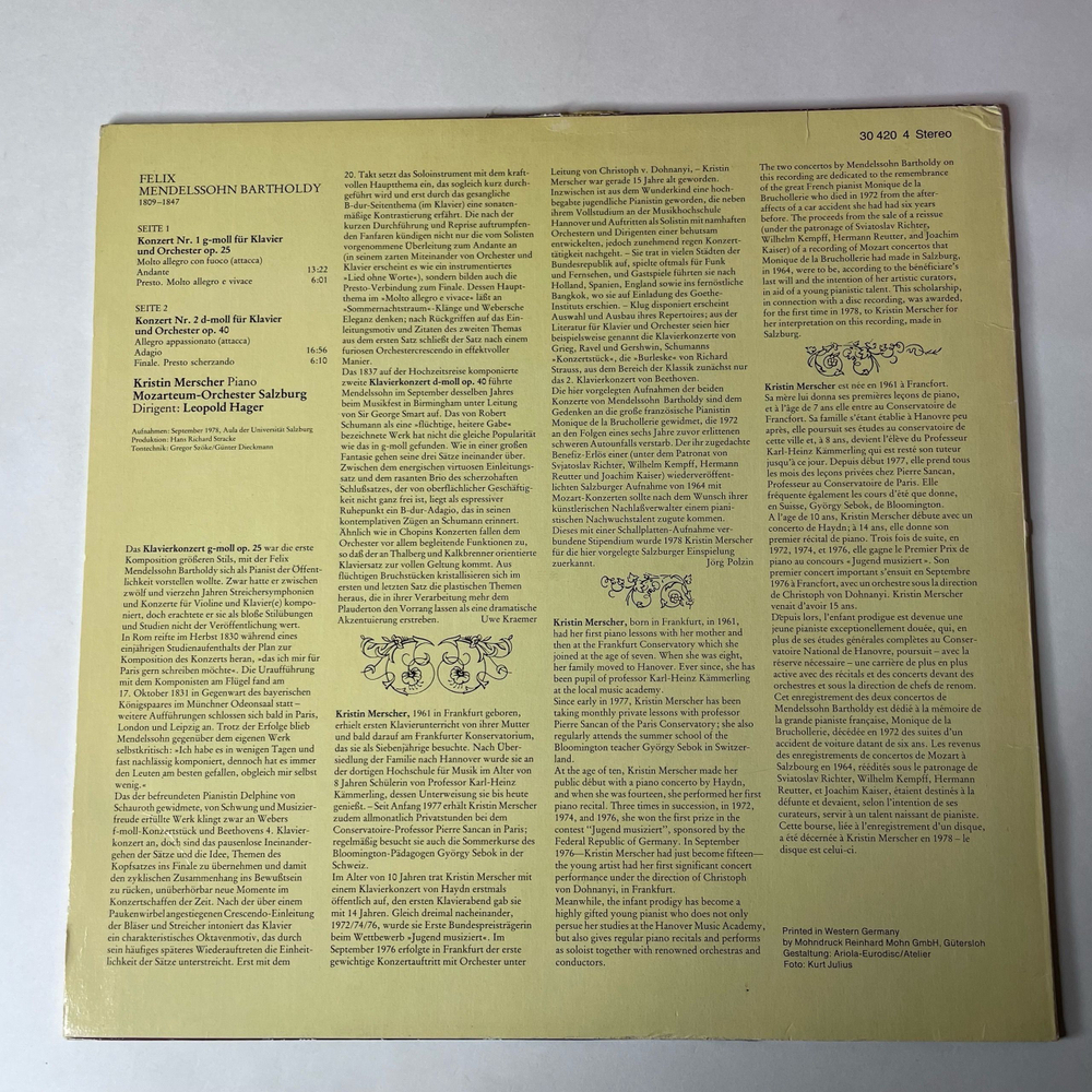 Винтажная виниловая пластинка LP Mendelssohn Мендельсон, Kristin Merscher, Mozarteum-Orchester Salzburg, Leopold Hager Klavierkonzerte Nr. 1 G-moll Op. 25 (Германия 1979)