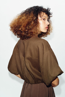 ZARA РУБАШКА ИЗ СМЕСОВОГО ЛЬНА, СЕРОВАТО-КОРИЧНЕВЫЙ