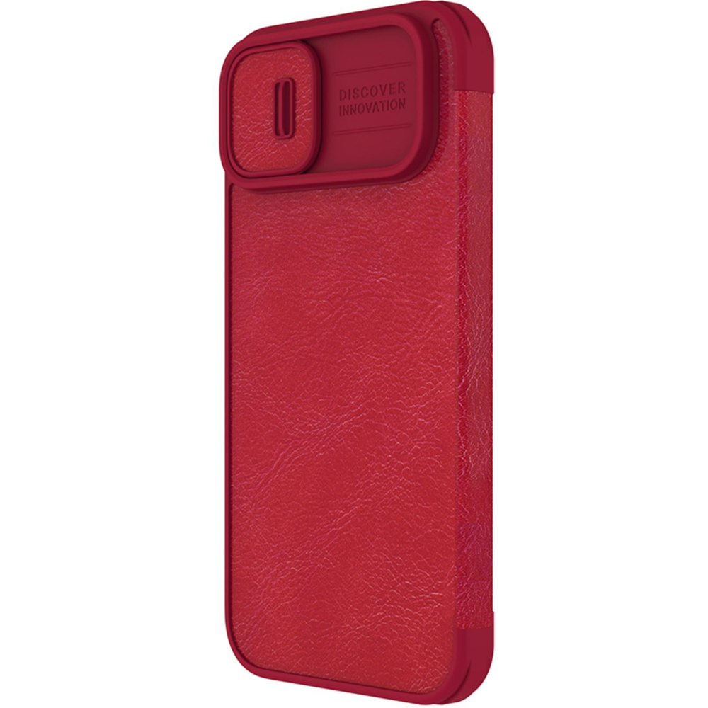 Кожаный чехол книжка красного цвета от Nillkin для iPhone 14 и 13, серия Qin Pro Leather с защитной шторкой для камеры
