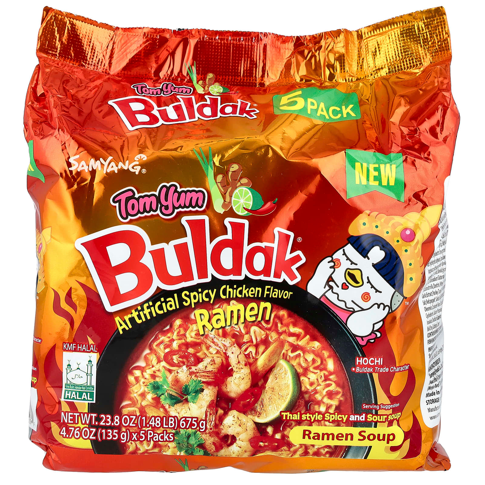 Buldak, Buldak®, суп рамен, пряная курица, том ям, 5 пакетиков по 135 г (4,76 унции)