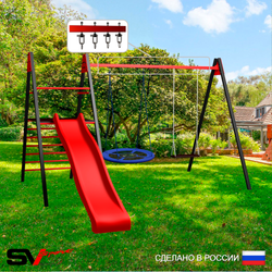 Уличные качели Sv Sport Maxi с горкой УК127В2 (3.4м/Гнездо Оксф. 100см/Деревянные/Подвесы на втулке 2к)