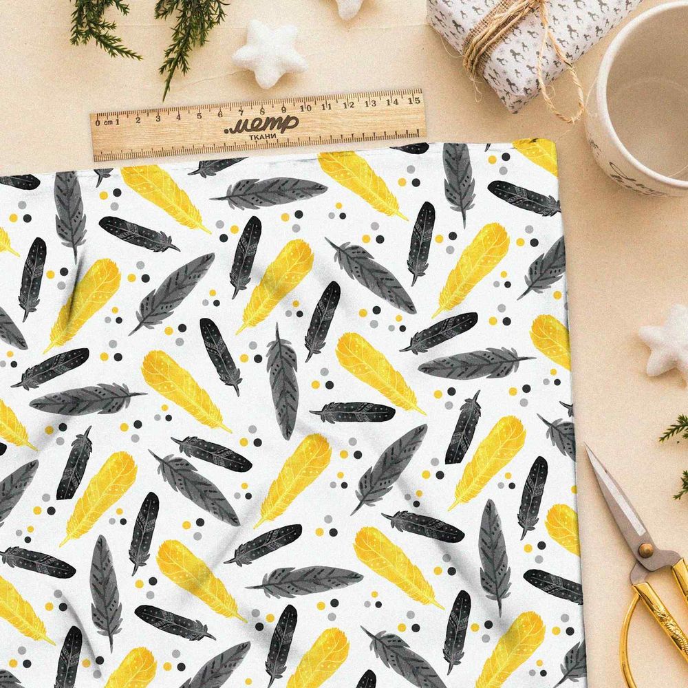 Ткань атлас черно-желтые перья