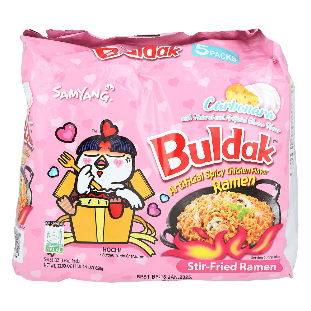 Buldak, Buldak ™, жареный рамен, пряная курица, карбонара, 5 пакетиков по 130 г (4,58 унции)