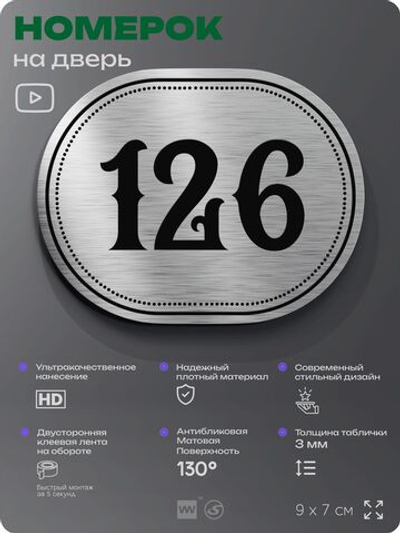 Номерок на дверь квартиры 126, для кабинета, офиса, шильдик 9 х 7 см, серебристый, Айдентика Технолоджи
