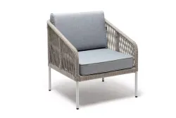 "Канны" кресло плетеное из роупа, каркас алюминий светло-серый (RAL7035) муар, роуп серый меланж круглый, ткань светло-серая