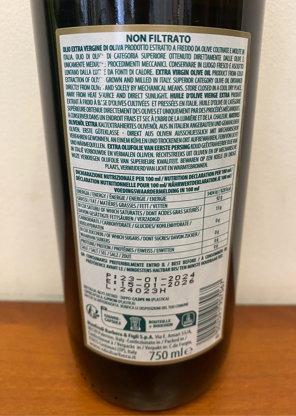 Оливковое масло BARBERA Non Filtrato (нефильтрованное) Extra Virgin 0,75 л Италия