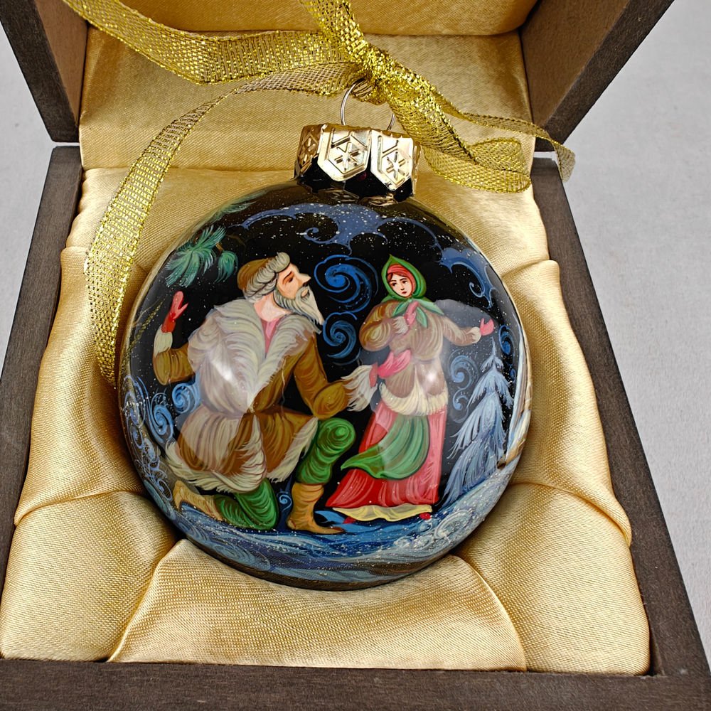Шар новогодний с ручной росписью Палех "Серебряное копытце" в футляре