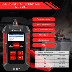 Тестер АКБ 12/24В с функцией восстановления, зарядное устройство, 3 в 1 iCartool IC-107