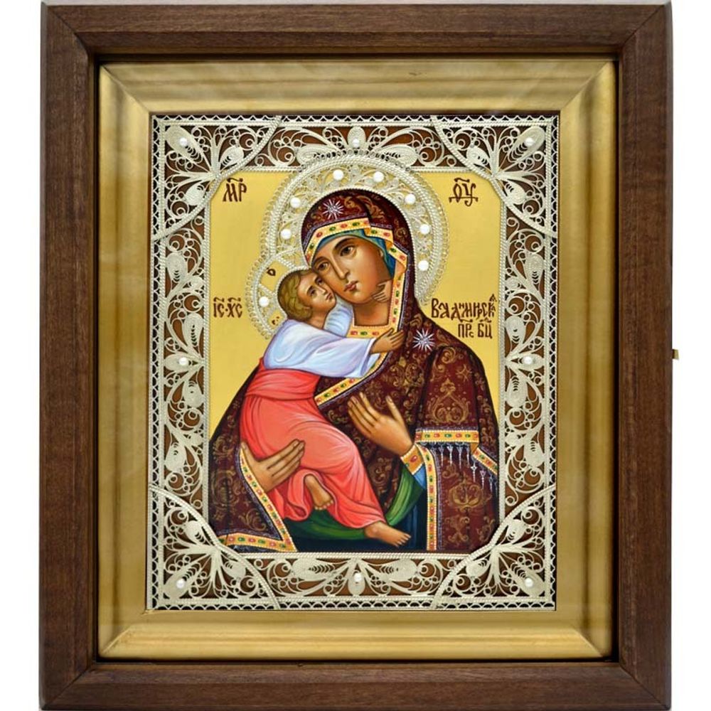 Владимирская Божия Матерь. Писаная икона с серебряной филигранью в киоте