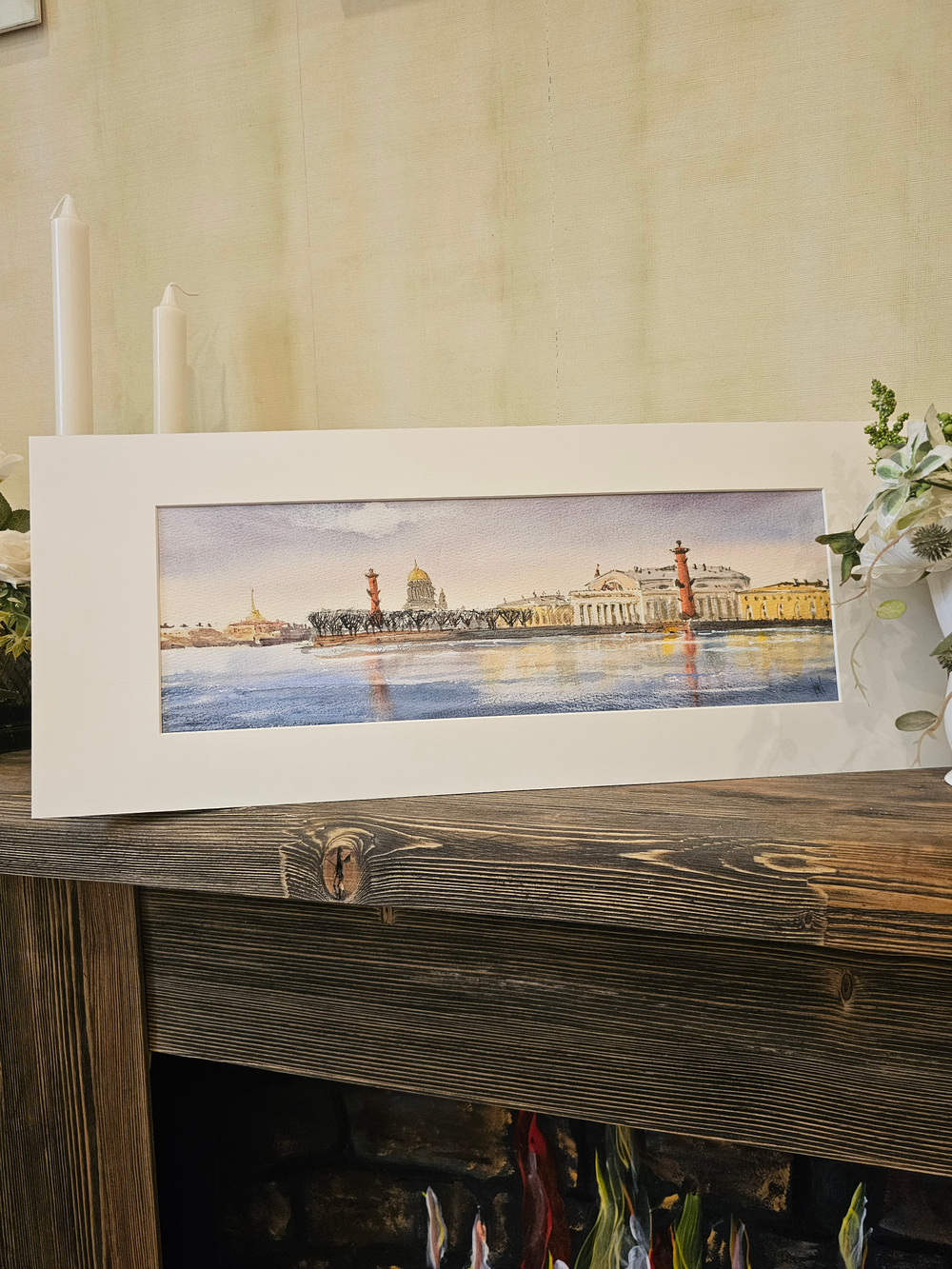 Картина авторская акварельная в паспарту 20х50 см на стену для интерьера "Весна на Ваське"