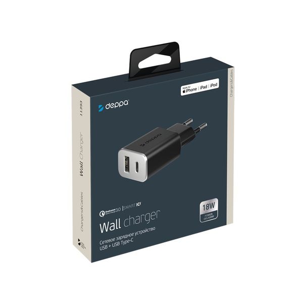 Адаптер питания Deppa Quick Charge 3.0 D-11393 18Вт (USB + USB Type-C) Черный