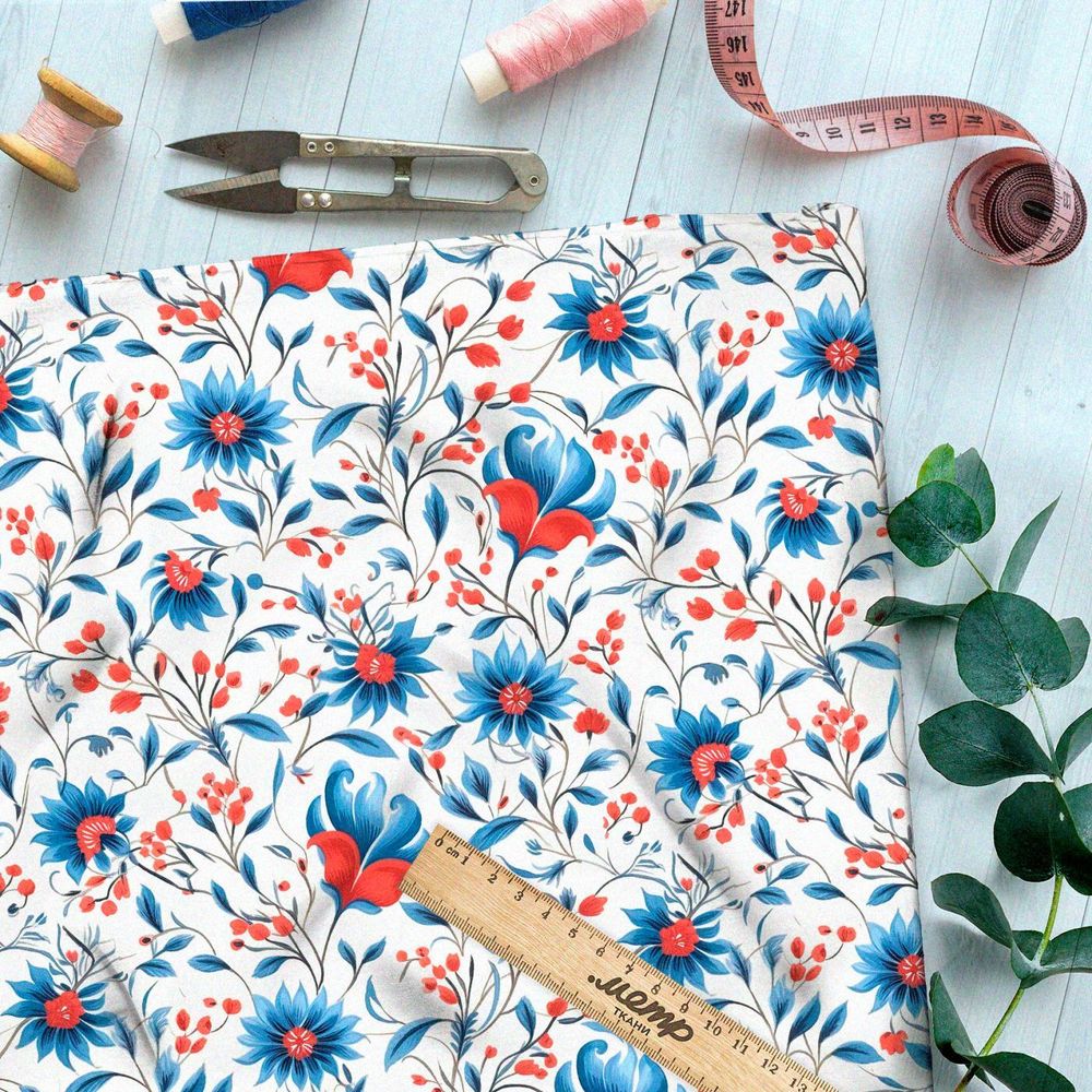 Ткань премиум таффета фантазийные васильки