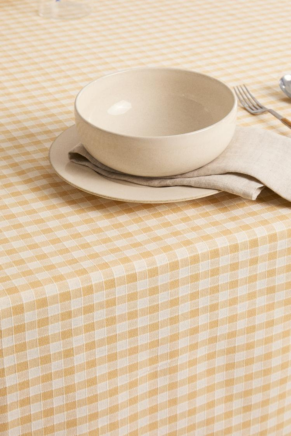 ZARA HOME ХЛОПКОВАЯ СКАТЕРТЬ В КЛЕТКУ, ВАНИЛЬНЫЙ