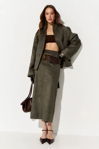 Куртка из экозамши с воротником стойкой цвета хаки