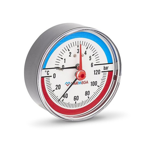 Термоманометр VARMEGA аксиальный 80 мм, 6 бар, 120гр.С, 1/2", с отсекающим клапаном, VMMT06-800604
