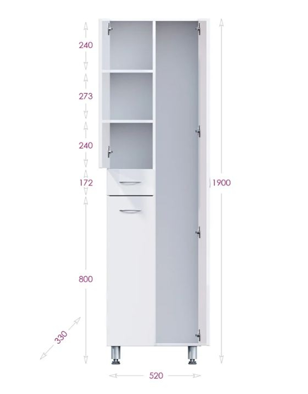 Пенал в ванную комнату с 1ящ. МОДЕРН 52.17 У (с корзиной) 520х326х1900
