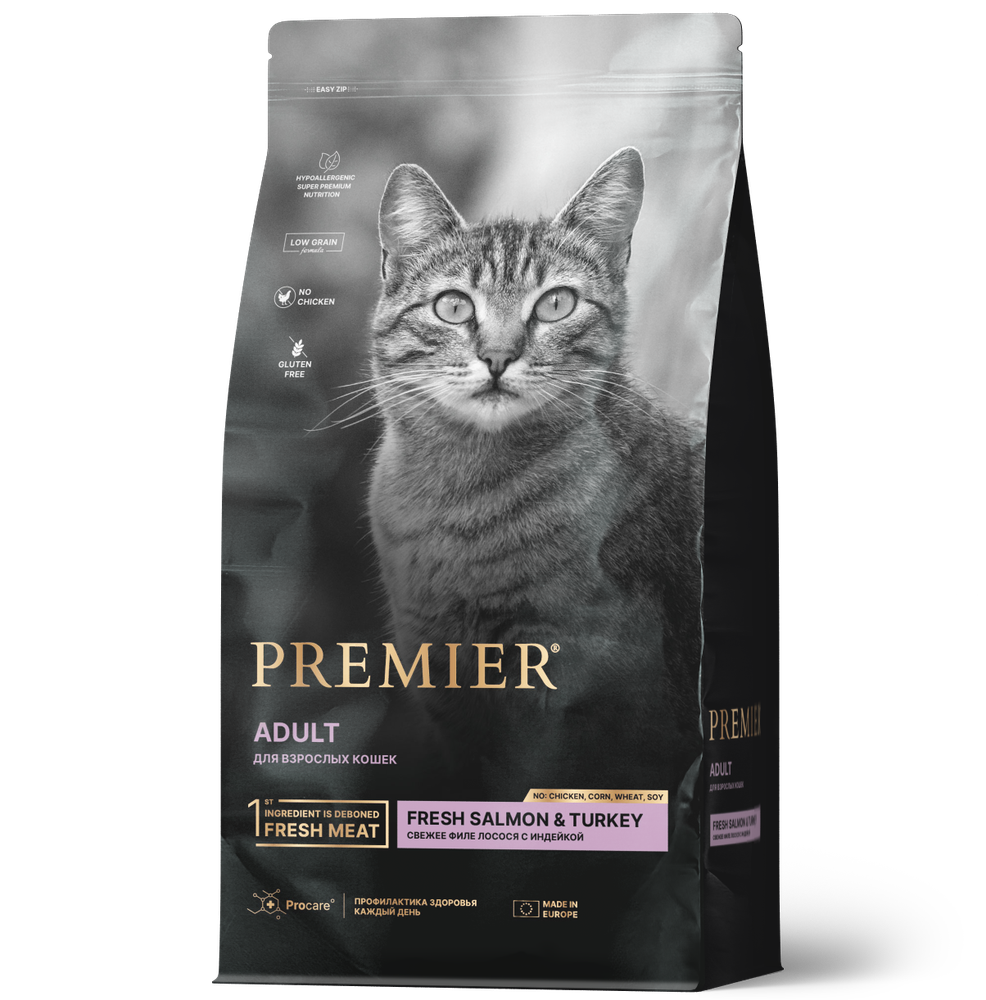 PREMIER 400г Adult Fresh Salmon &amp; Turkey Сухой корм для взрослых кошек Свежее филе Лосося с индейкой