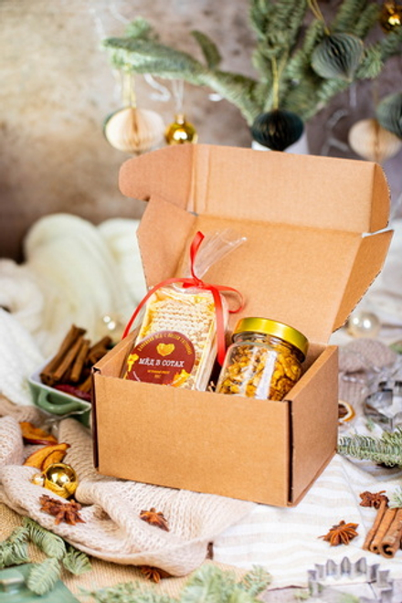 Набор №146 "Сота в подарочной упаковке и баночка меда с орехами"